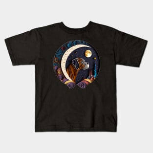 Boxer Dog Portrait in Space Crescent Moon Stars Cute Art Digital Painting Kids T-Shirt